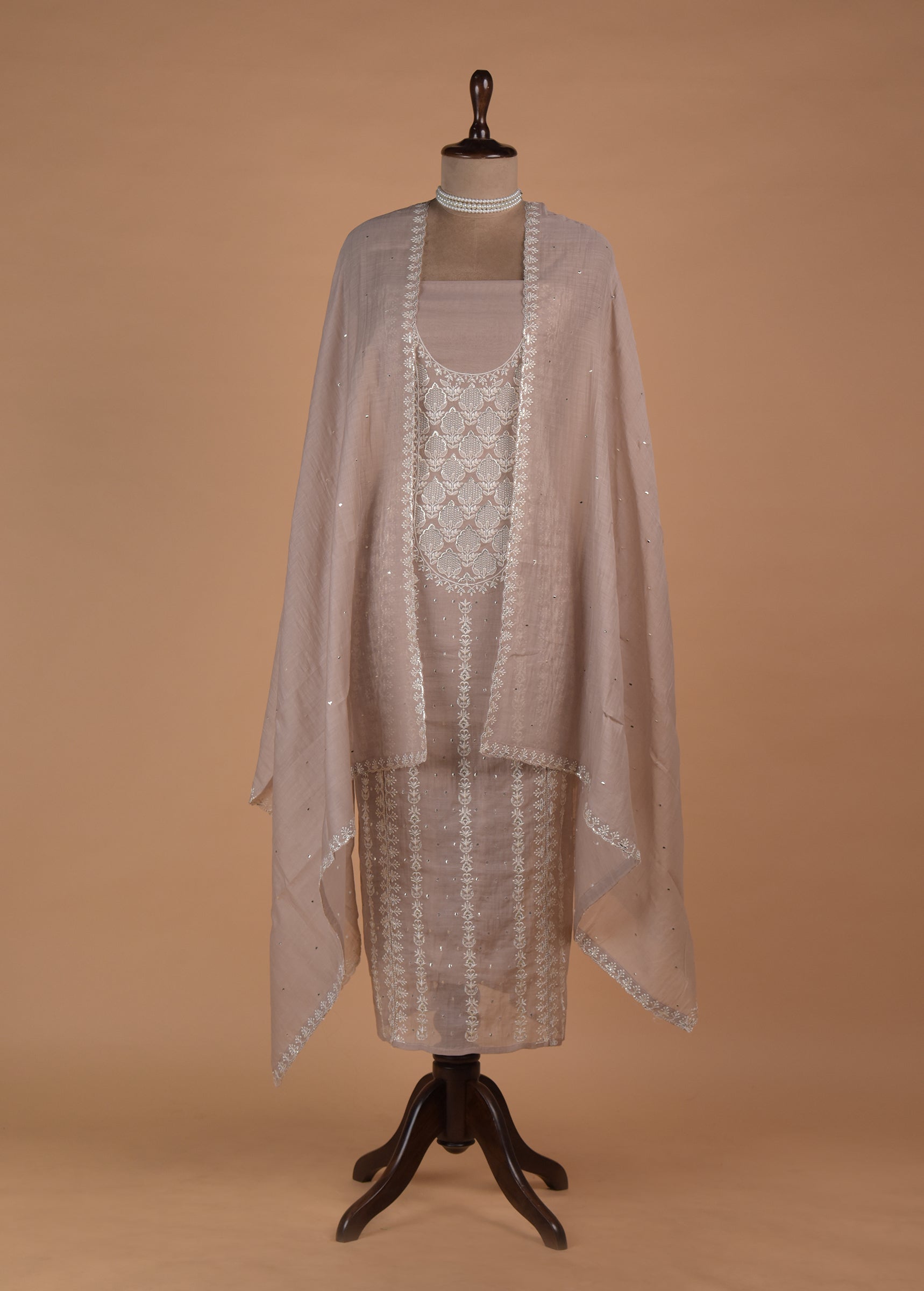 Beige Mul Chanderi Dress Material | Greenways Delhi