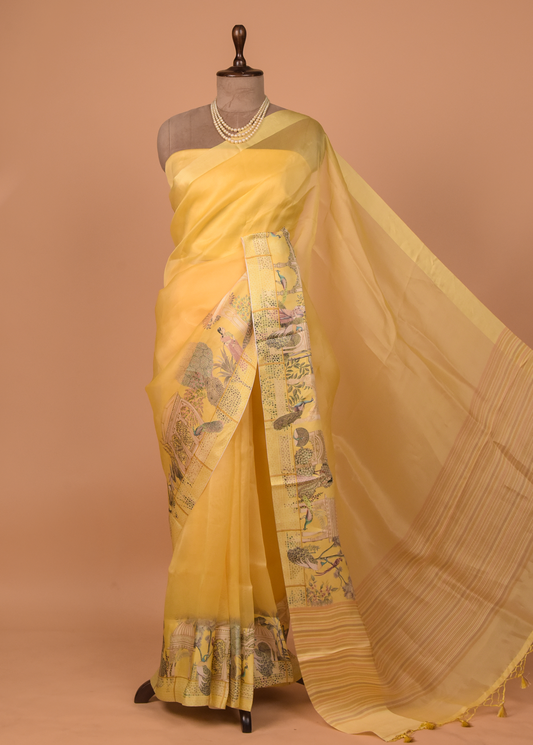 Yellow Organza Printed Saree