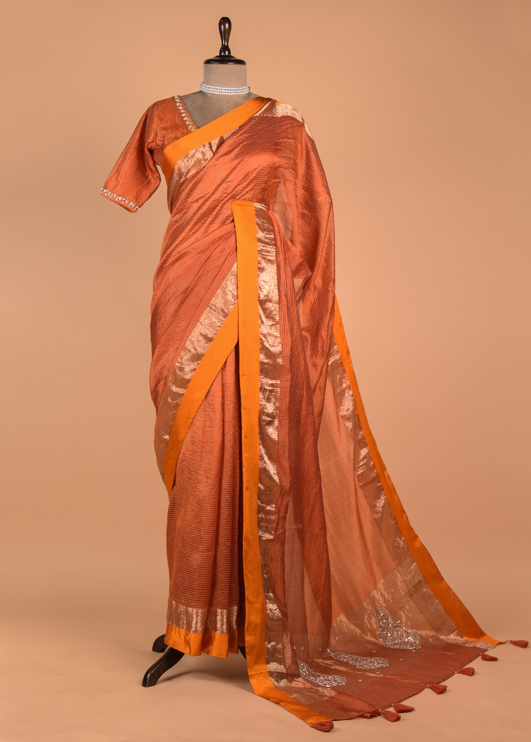 Orange Chinia Silk Embroidered Saree