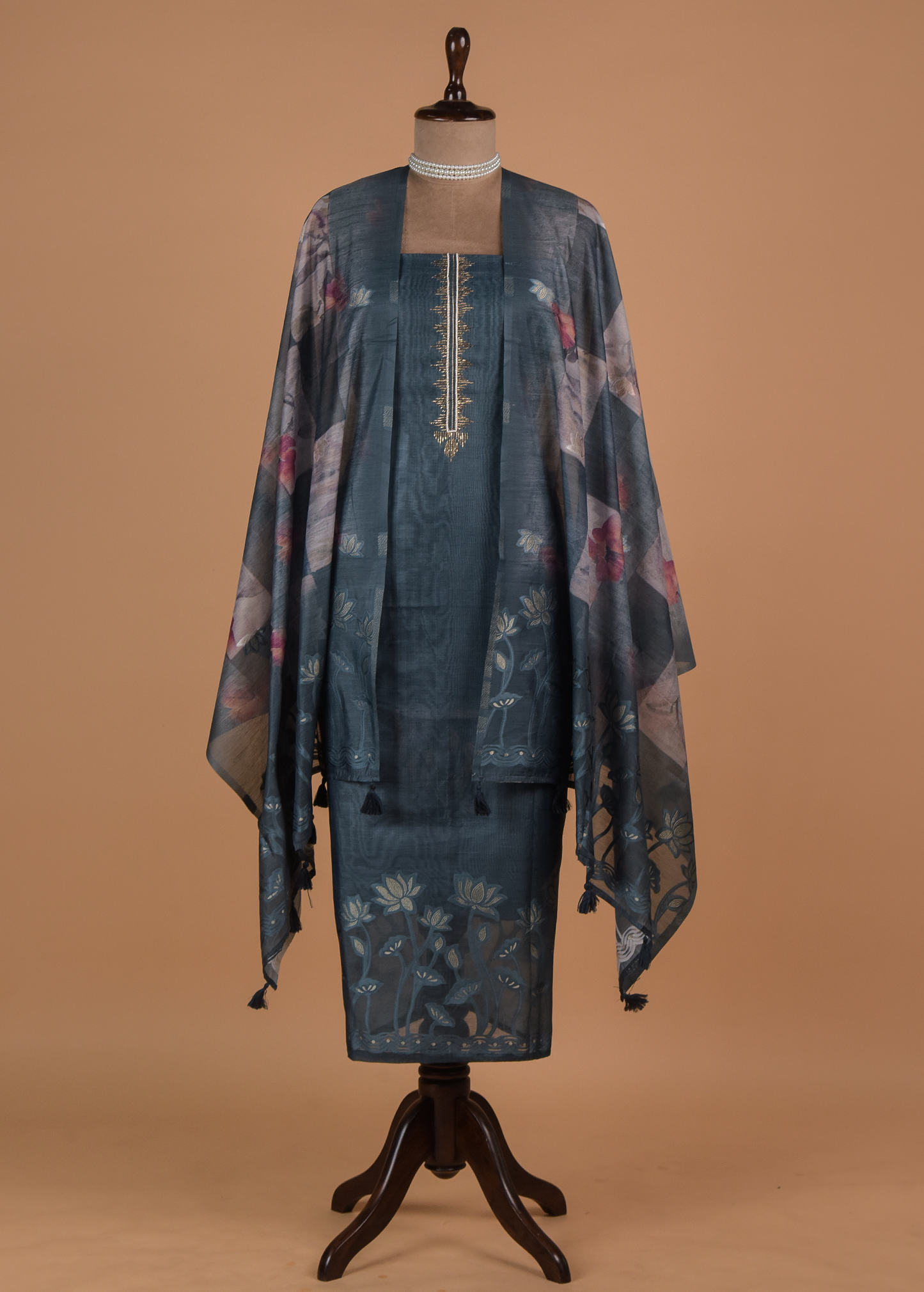 Blue Chanderi Cotton Dress Material