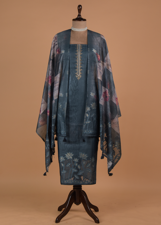 Blue Chanderi Cotton Dress Material