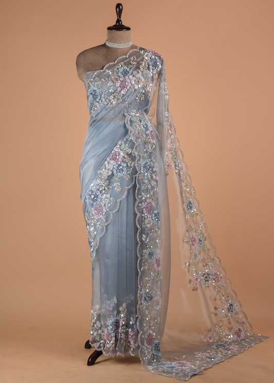 Blue Glass Tissue Embroidered Saree