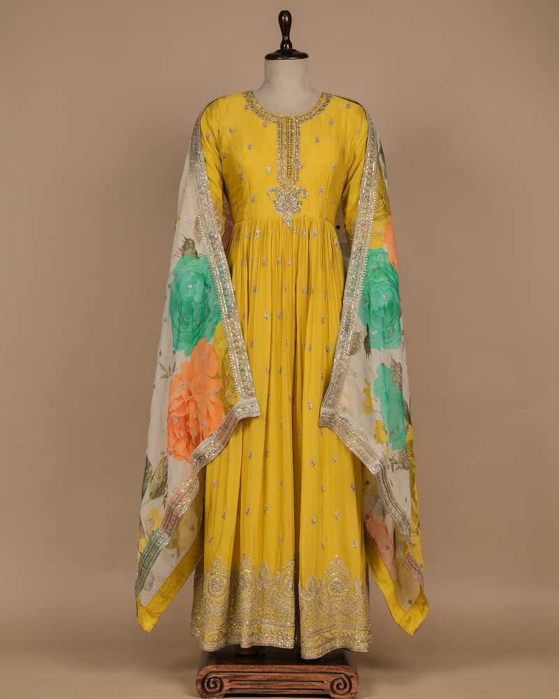 Yellow Cotton Silk Anarkali Set