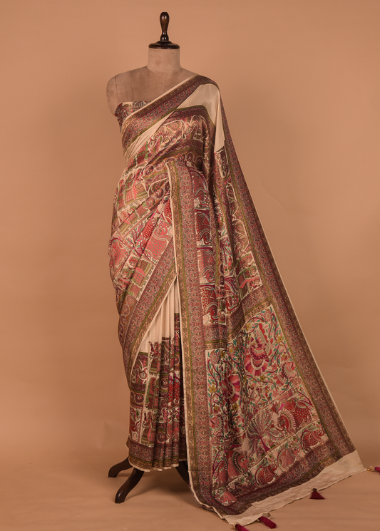 Cream Moroccan Silk Embroidered Saree