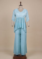 Blue Satin Crepe Peplum Pants Set