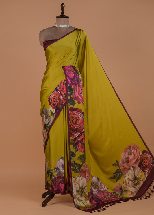 Green Satin Printed Saree