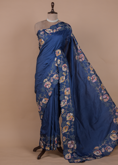 Blue Tussar Embroidered Saree