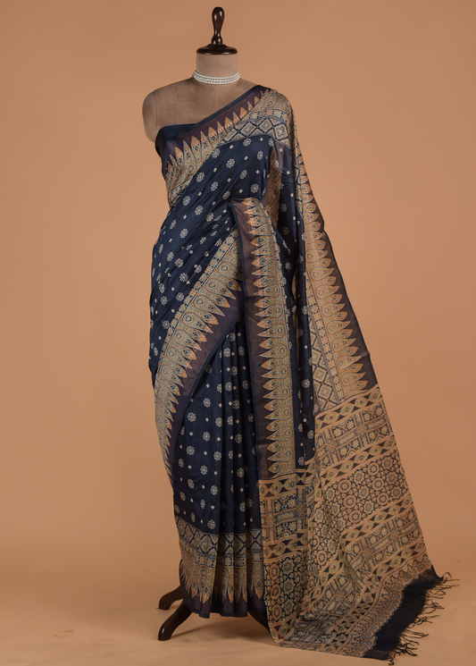 Blue Cotton Tussar Printed Saree