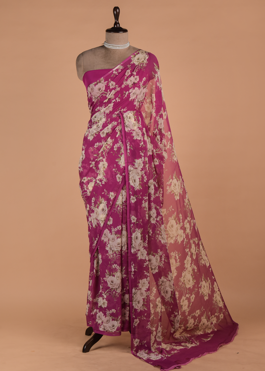 Pink Chiffon Printed Saree