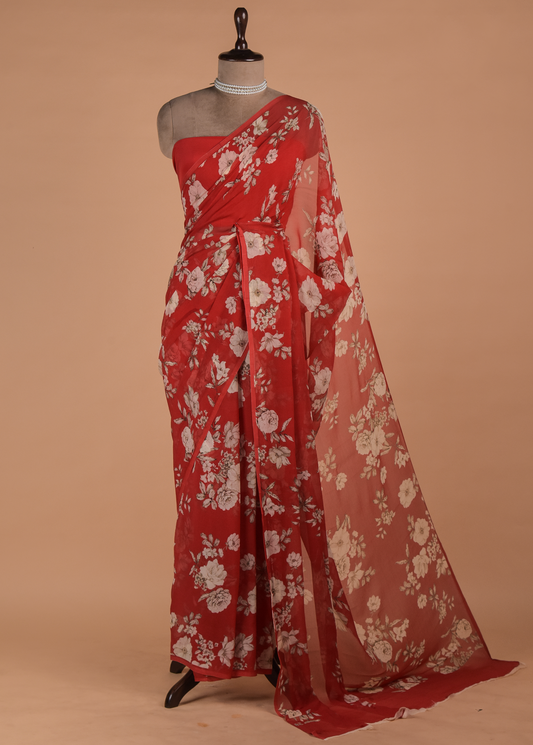 Red Chiffon Printed Saree