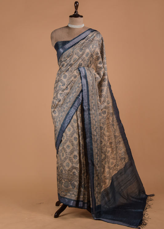 Blue Tussar Printed Saree