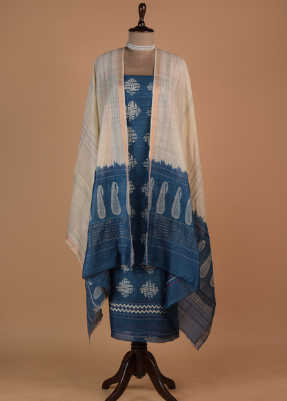 Blue Tussar Dress Material