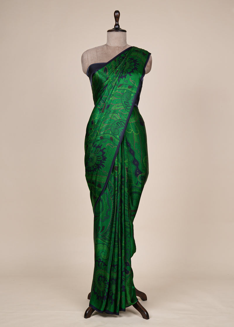 Green Satin Printed Saree