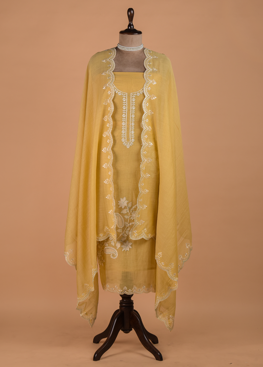 Yellow Muslin Chanderi Dress Material