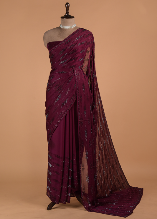 Pink Chinon Crepe Embroidered Saree