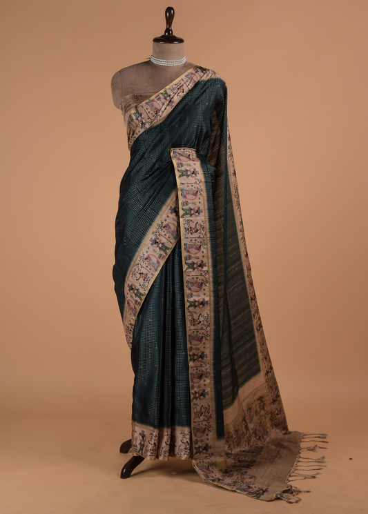 Green Cotton Tussar Printed Saree