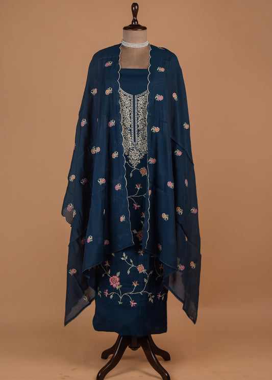 Blue Muslin Crepe Dress Material