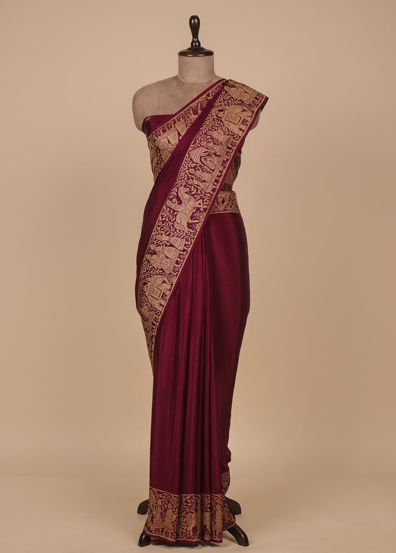 Wine Crepe Banarasi Saree