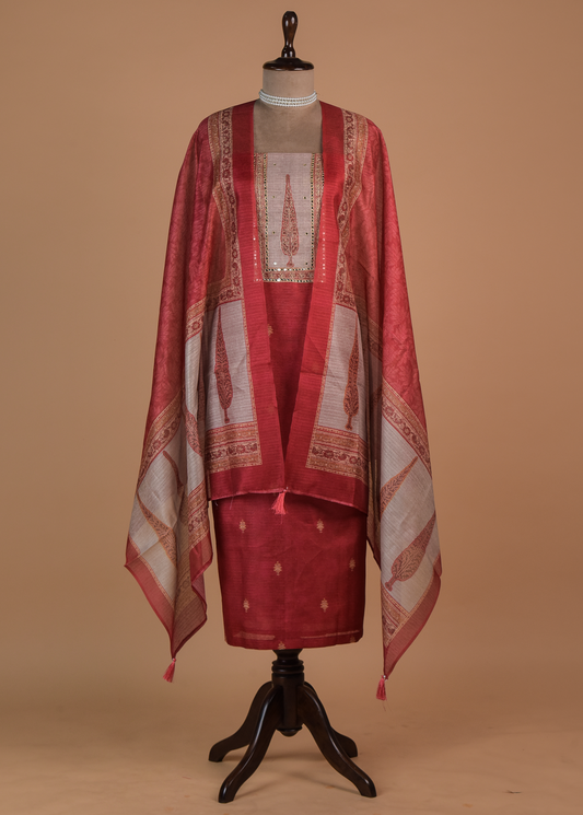 Red Chanderi Cotton Dress Material
