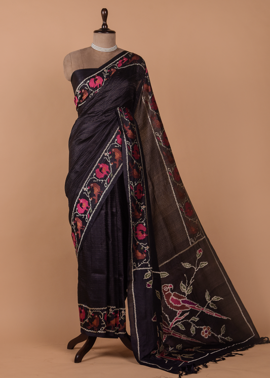 Blue Tussar Embroidered Saree