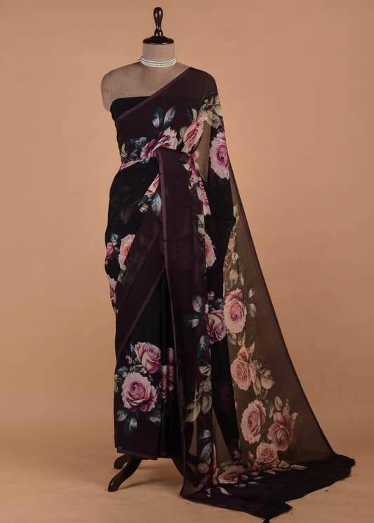 Black Chiffon Printed Saree
