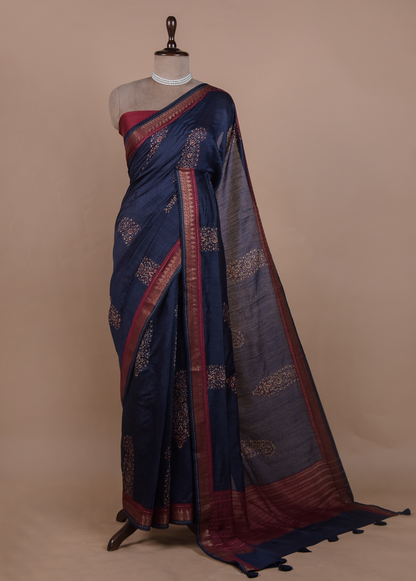 Blue Tussar Embroidered Saree