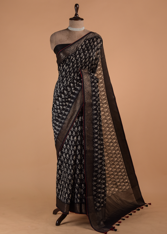 Black Cotton Printed Saree