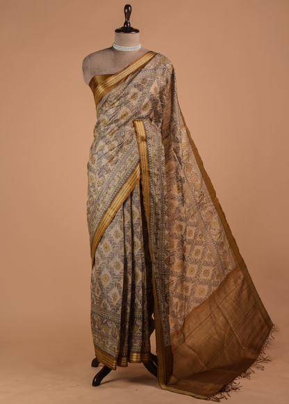 Mustard Tussar Printed Saree