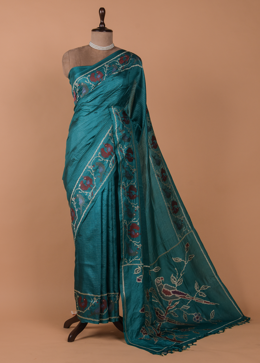 Blue Tussar Embroidered Saree