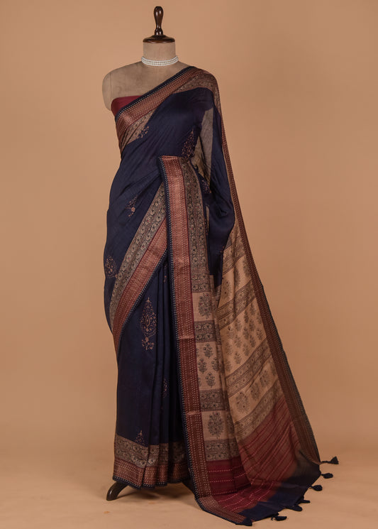 Blue Tussar Printed Saree