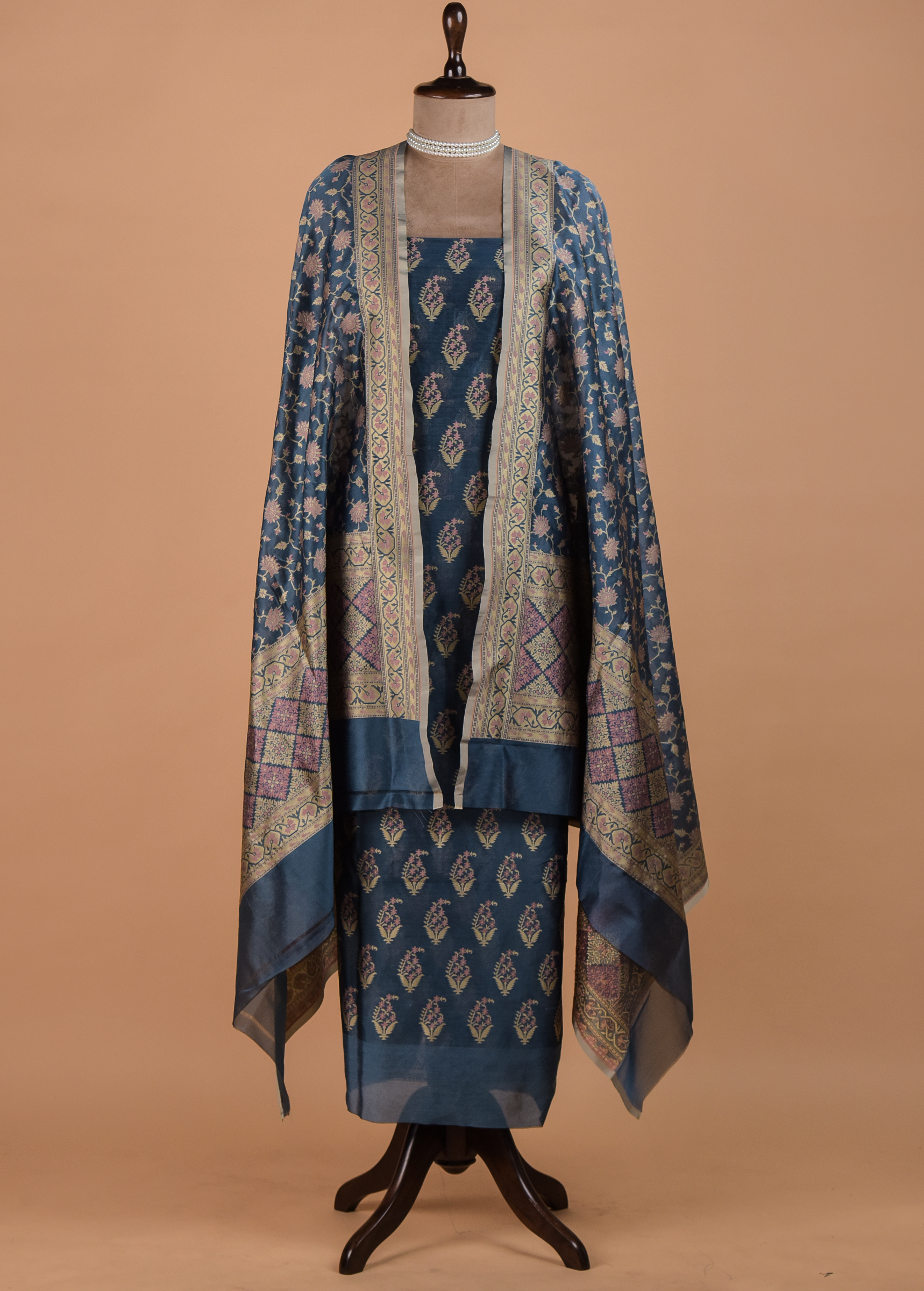 Blue Handwoven Cotton Dress Material | Greenways Delhi