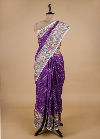 Purple Tussar Bandhani Saree
