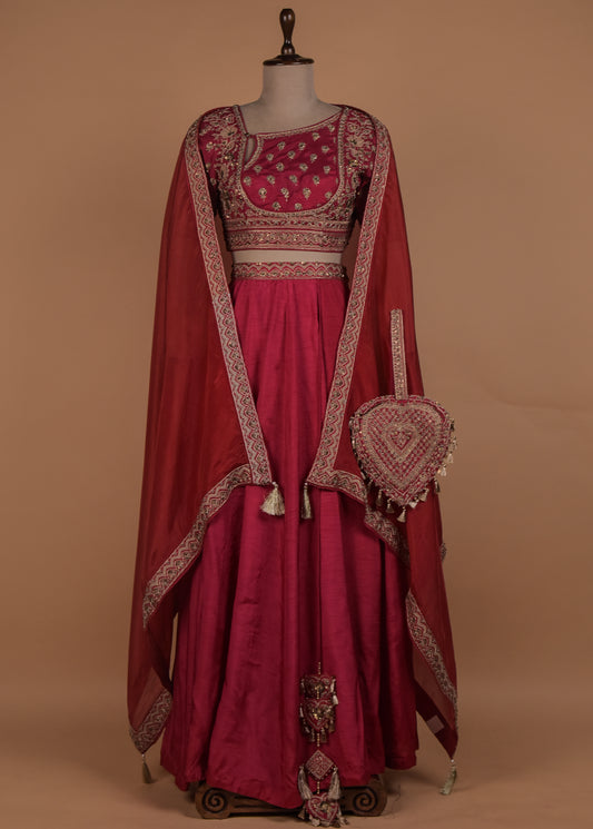Red Raw Silk Lehenga Set
