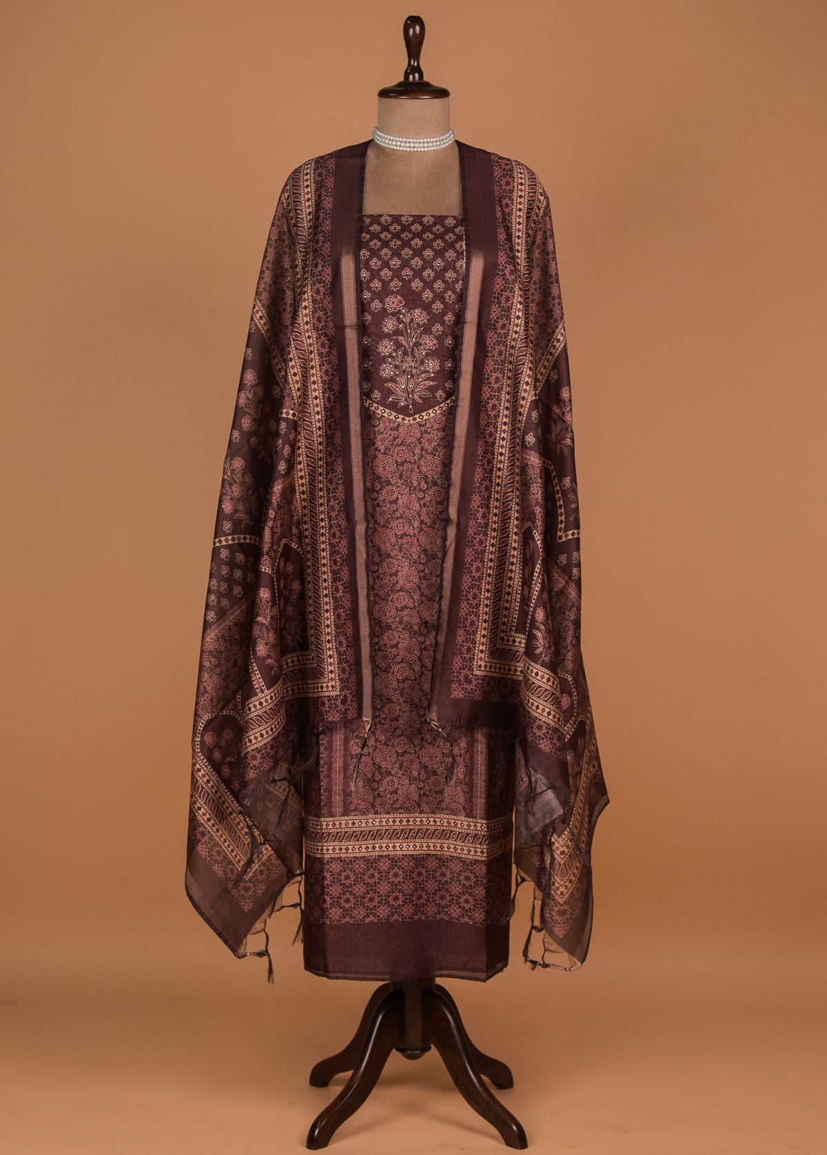 Wine Tussar Cotton Dress Material