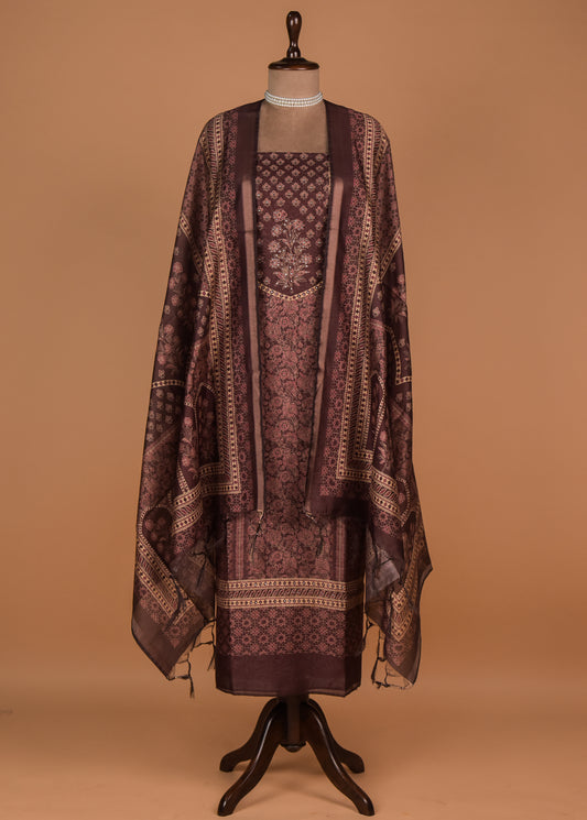Wine Tussar Cotton Dress Material