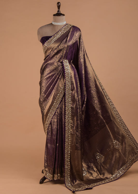 Purple Crepe Silk Embroidered Saree