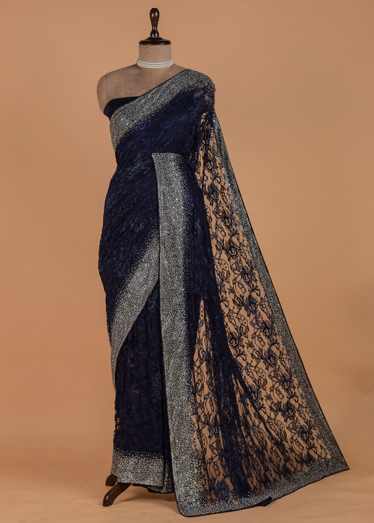 Blue Chantily Lace Embroidered Saree