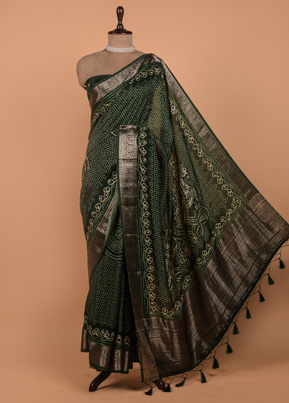 Green Crepe Bandhani Saree