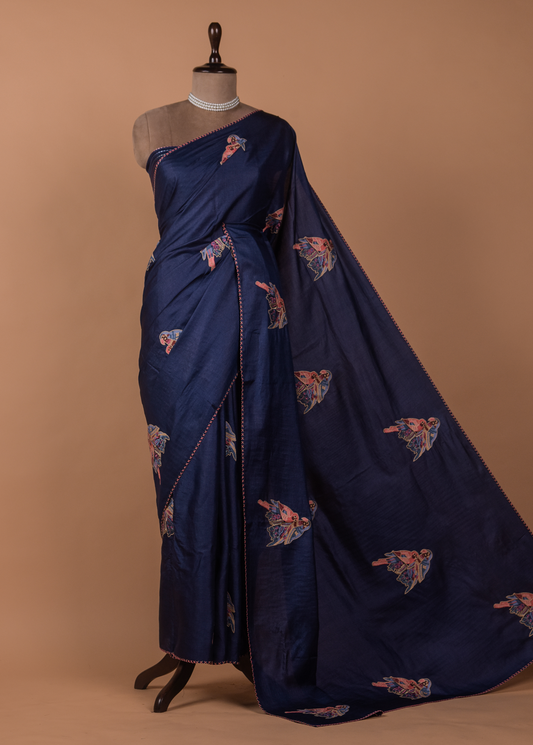 Blue Tussar Embroidered Saree