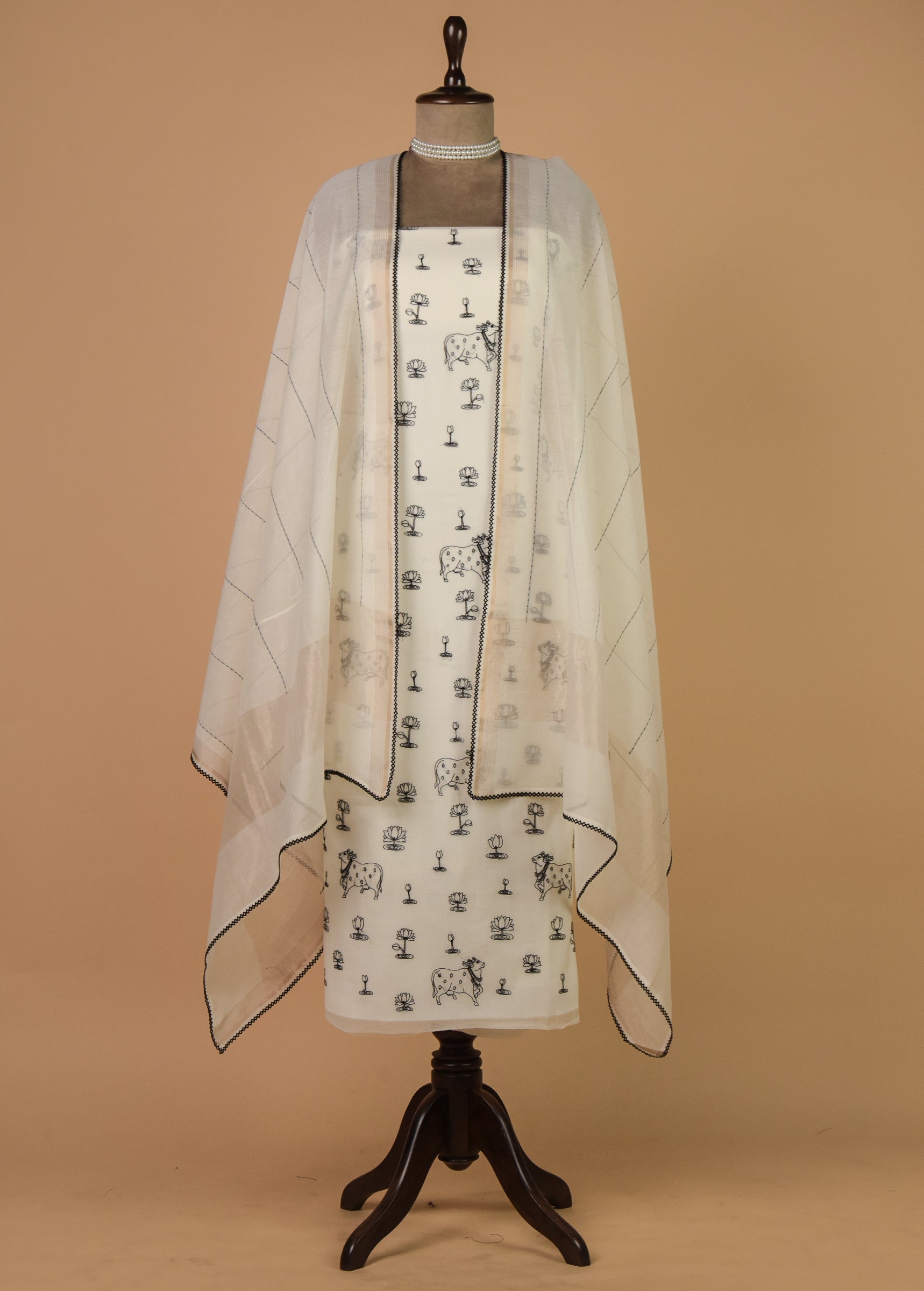 White Mul Chanderi Dress Material