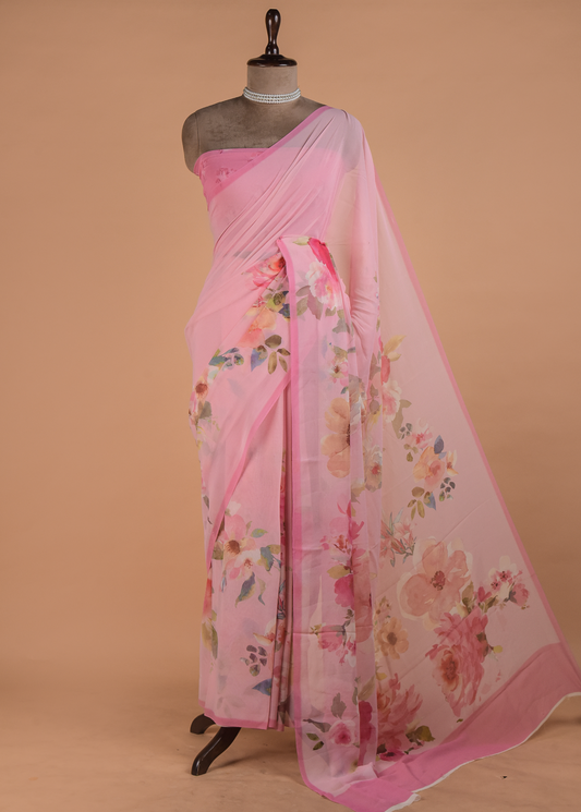 Pink Printed Georgette Saree | Greenways Delhi