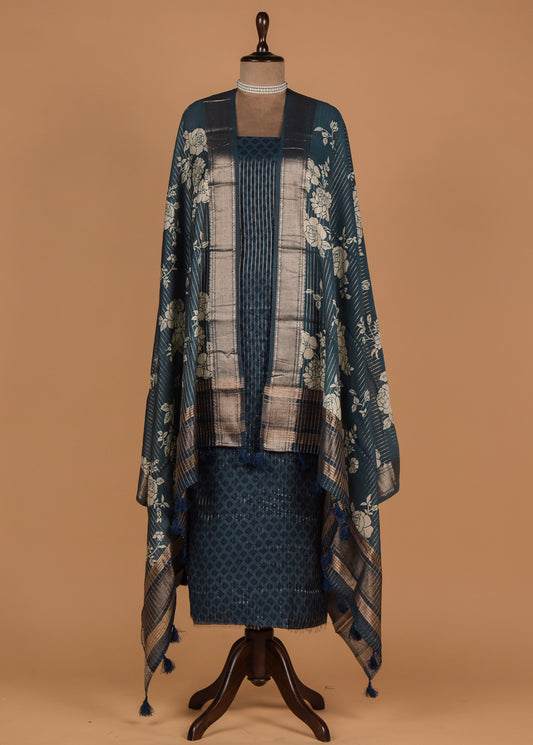 Blue Muslin Crepe Dress Material