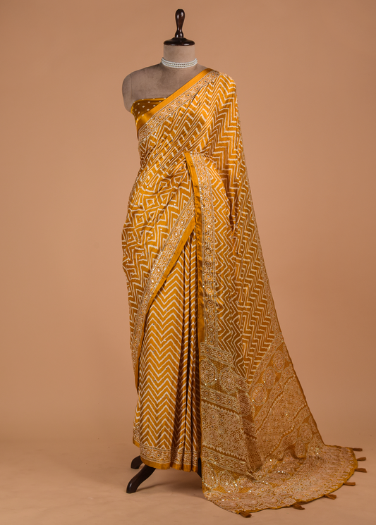 Yellow Art Crepe Printed Saree