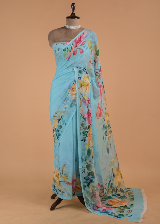 Blue Chiffon Printed Saree