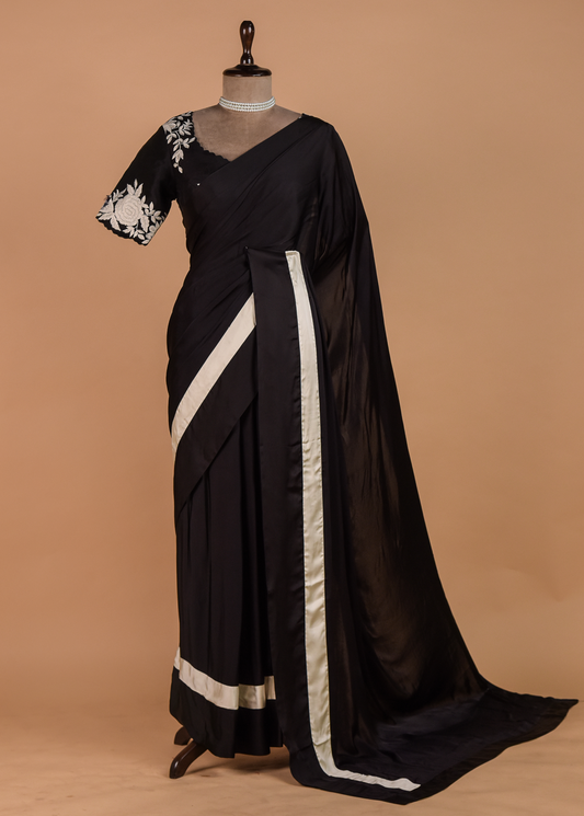 Black Satin Embroidered Saree