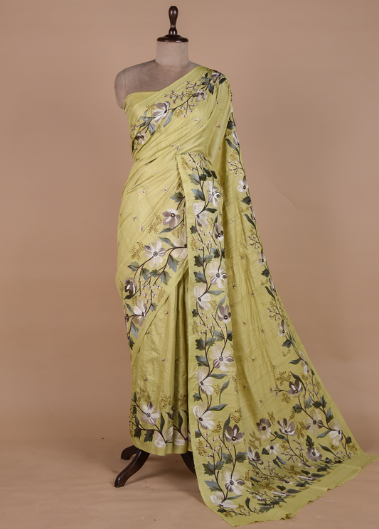Green Tussar Embroidered Saree
