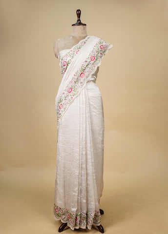 Silver Crushed Tissue Embroidered Saree
