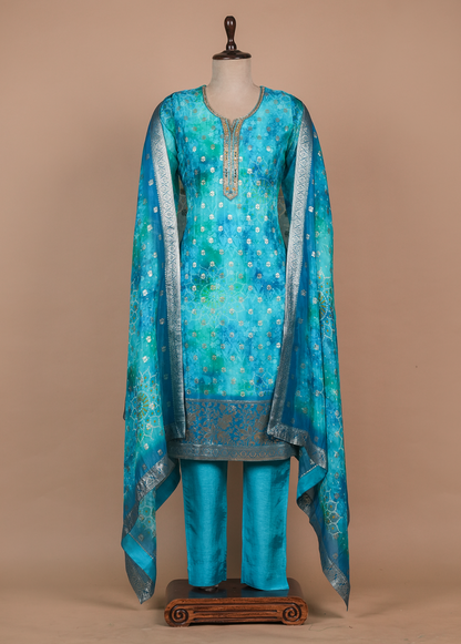 Blue Cotton Silk Straight Set