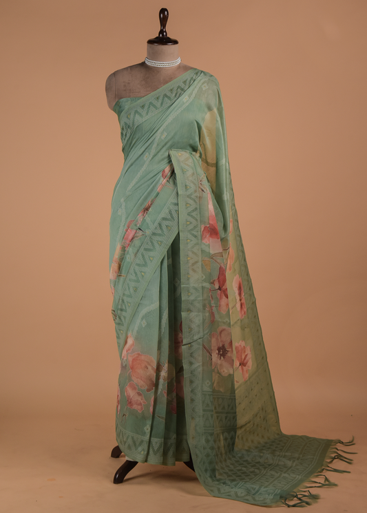 Green Cotton Printed Saree