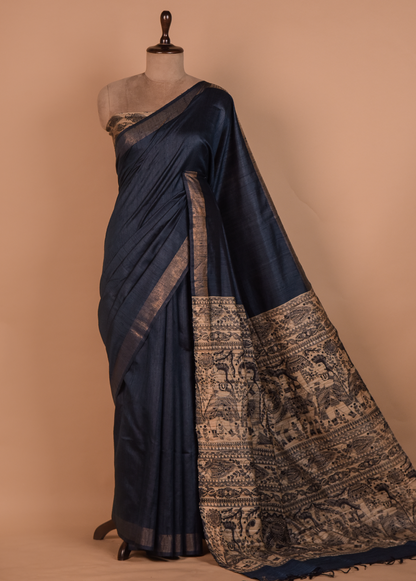 Blue Tussar Printed Saree